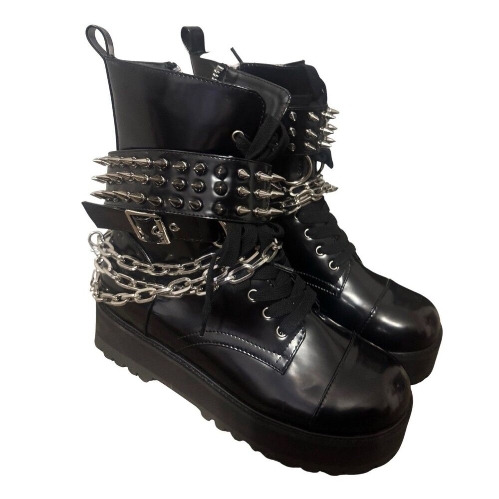Black Silver Spiked Dolls Kill Current Mood Alt Goth Punk Combat Boots Size 10